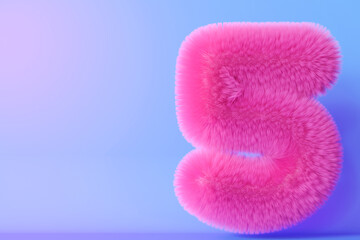 Playful fluffy number five on gradient background. Symbol 5. Fifth birthday party. Festive children event. Modern, trendy numbers. Vibrant, neon colors. Greeting card design. Copy space. 3D.