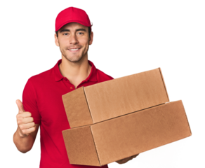 Young Hispanic delivery man with boxes smiling and raising thumb up