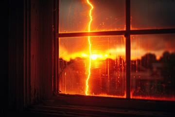 Bright orange sky and lightning bolt seen through window at sunset.
