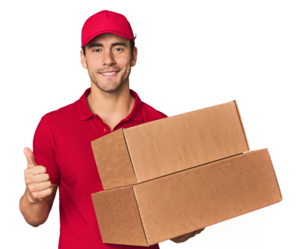 Young Hispanic delivery man with boxes smiling and raising thumb up - Powered by Adobe