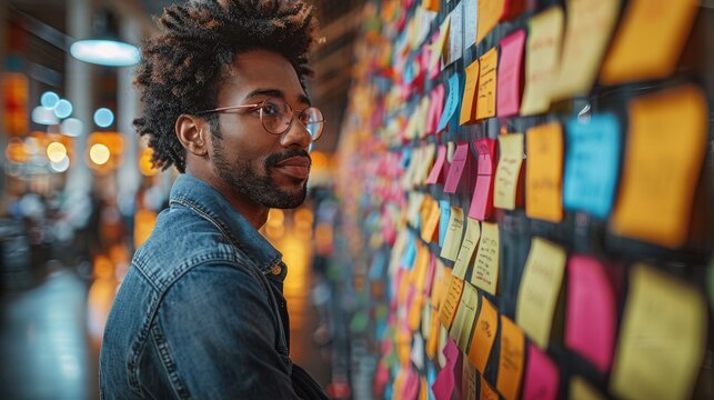 Software engineer brainstorming with sticky notes on a glass wall, full of code snippets