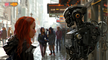 Roboter Mensch Interaktion auf der Straße - obrazy, fototapety, plakaty