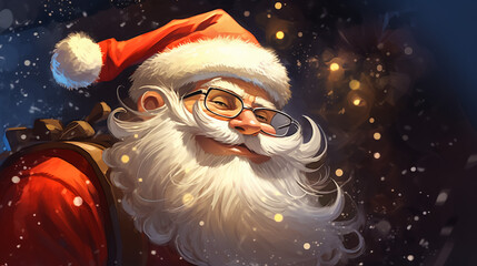 Santa Claus Head with face, beard and hat. Christmas character cartoon vector illustration, Hat, beard, mustache, glasses, eyebrows. Portrait of a happy Santa Claus
