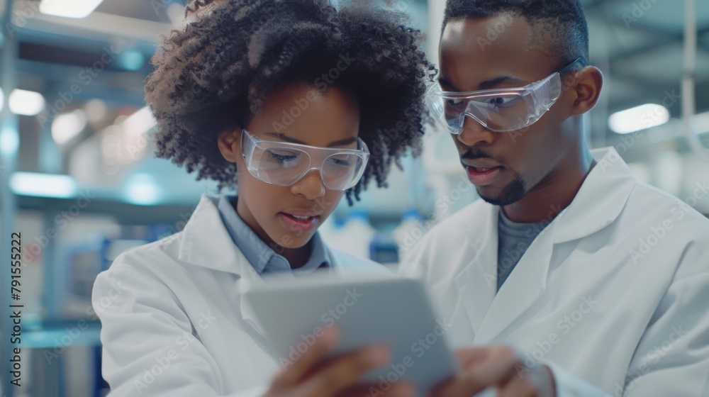 Poster scientists analyzing data on tablet