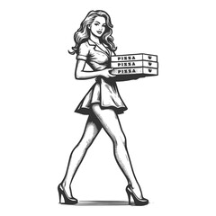 pin-up girl, confidently delivering a stack of pizza boxes with a flirty smile sketch engraving generative ai fictional character raster illustration. Scratch board imitation. Black and white image. - obrazy, fototapety, plakaty