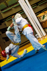 A fighter knees an opponent on mats in a Kyoko Shin Oyama Karate competition	
