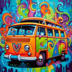 Retro van bus with watercolor splashes in the style of pop art, сolorful, vivid
