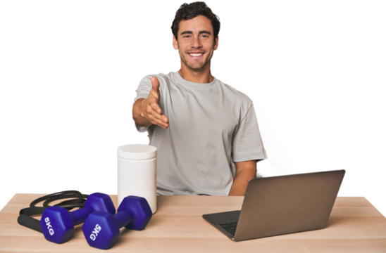 Hispanic trainer planning workout stretching hand at camera in greeting gesture. - Powered by Adobe