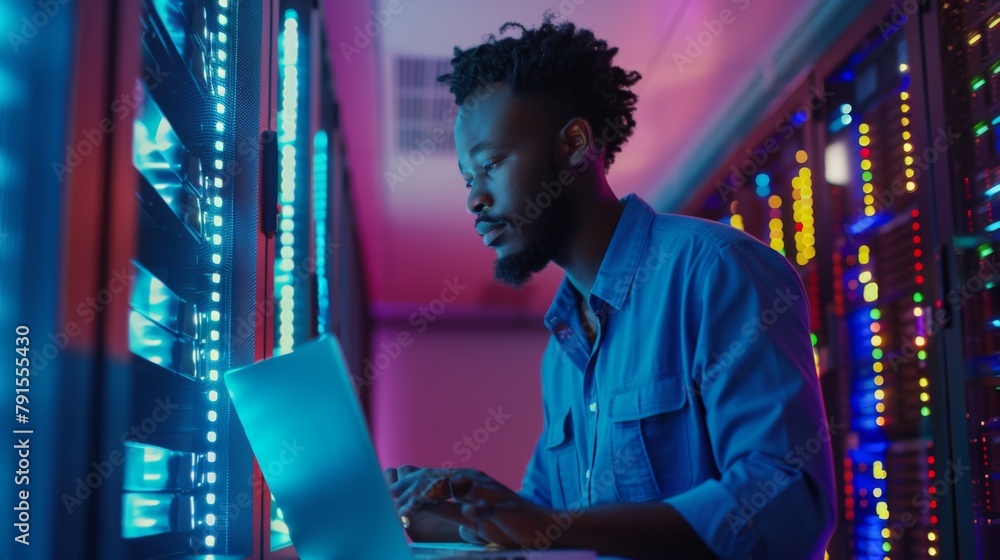 Poster engineer working in data center