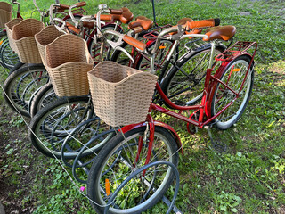 Bicycles for traveling tourists. Bicycles for transportation are under a canopy. Vehicles with...