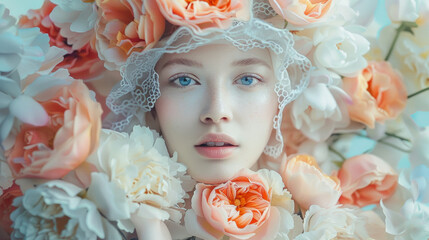 beautiful woman portrait with flowers outfit tender pastel color palette