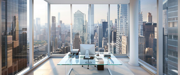 A contemporary home office with a glass desk and a view of city skyscrapers through floor-to-ceiling windows.