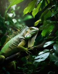 Obraz premium A vibrant green iguana perched on a lush branch in a dense rainforest, camouflaged among the bright foliage, highlighting its natural habitat