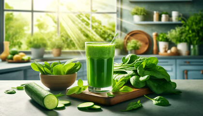 a healthy green smoothie scene on a modern kitchen countertop
