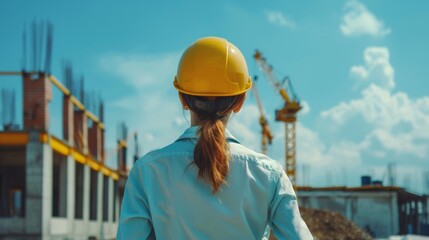 Rear view of a female engineer in a yellow hard hat observing a construction site against a clear sky.