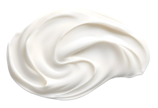 White cream swirl mockup top view isolated on transparent background. Swatch fluid smudge concealer, smear hand cream.