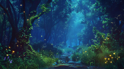 Magical fantasy fairy tale scenery night in a forest