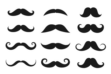 Mustaches graphic icons set. Male mustaches in retro style signs isolated on white background. Vintage symbols. Vector illustration