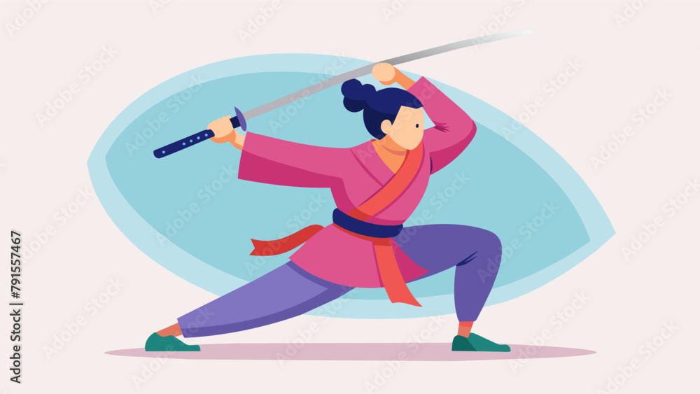 Poster an artistic rendition of a person performing a sword form accompanied by a discussion of how the dis
