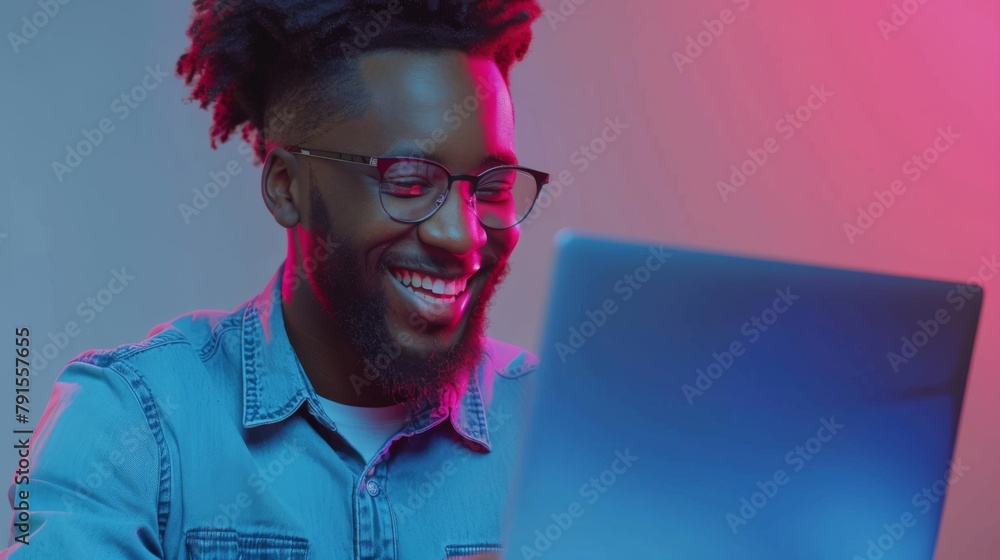 Sticker man smiling at colorful laptop screen