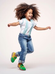 Joyful Curly-Haired Girl Jumping in Overalls. Generative ai