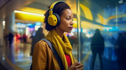 Woman Enjoying Music in Urban Setting. Generative ai