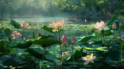 Lotus flowers in pond as rain falls