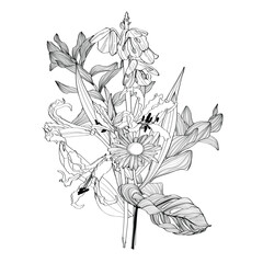 Floral line bouquets with black and white hand drawn herbs, flowers and palm leaves insects in sketch style.