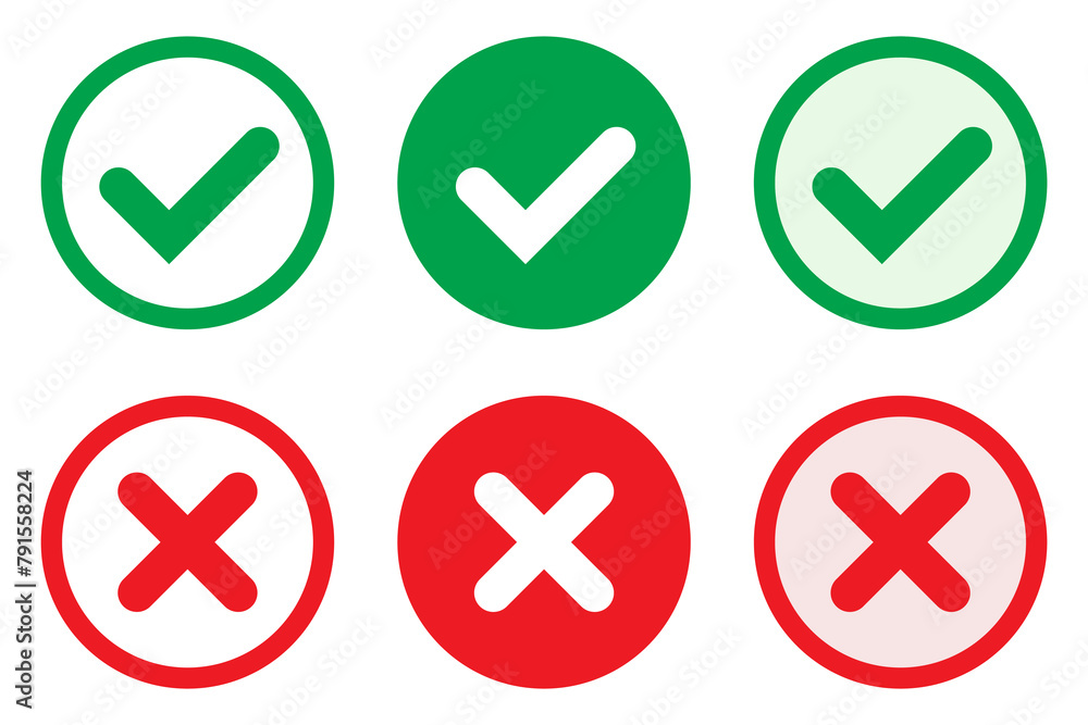 Aufkleber right or wrong icons. green tick and red cross checkmarks in circle flat icons. yes or no symbol, ap
