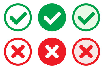 Right or wrong icons. Green tick and red cross checkmarks in circle flat icons. Yes or no symbol, approved or rejected icon for user interface. - obrazy, fototapety, plakaty