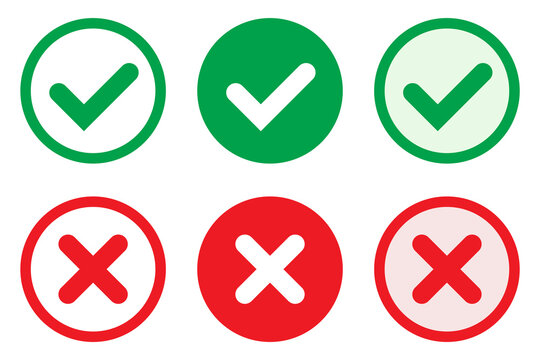 Right or wrong icons. Green tick and red cross checkmarks in circle flat icons. Yes or no symbol, approved or rejected icon for user interface.