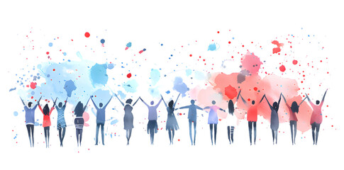 Group silhouette of people with raised hands. People celebrate simple watercolor isolated on transparent background