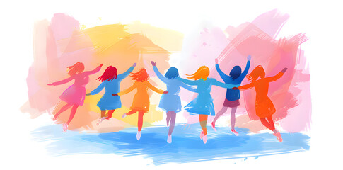 Group silhouette of people with raised hands. People celebrate simple watercolor isolated on transparent background