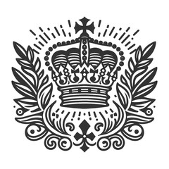 vintage heraldic crest featuring a crown, shield, and ornamental flourishes sketch engraving generative ai raster illustration. Scratch board imitation. Black and white image.