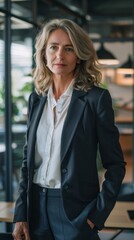 Fototapeta premium A woman in a business suit stands in front of a window