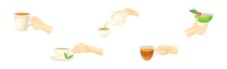 Hand Holding Drink and Different Beverage Vector Set