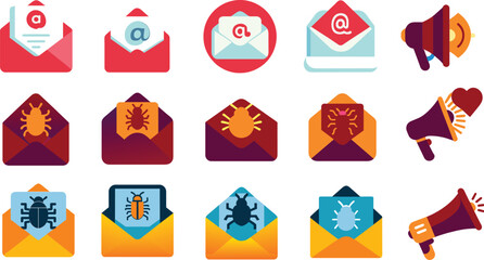 Set of flat e-mail virus, communication icon, vector illustration.