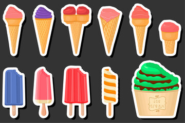 Illustration on theme big kit ice cream popsicle different types in cone waffle cup