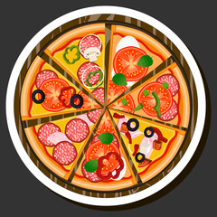 Illustration on theme big hot tasty pizza to pizzeria menu