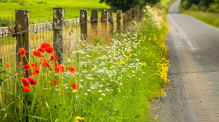 Obraz premium british countryside road with flowers on the side, red poppies, daisies and wildflowers