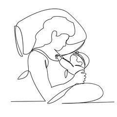 continuous single drawn one line woman is breastfeeding a child drawn picture silhouette. Line art. character mother feeds a newborn baby
