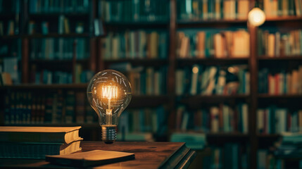 Glowing light bulb over the desk with books at library. Idea concept for innovation idea, power of knowledge, power of reading.