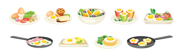 Tasty Egg Dish Served on Plate with Yolk and Garnish Vector Set