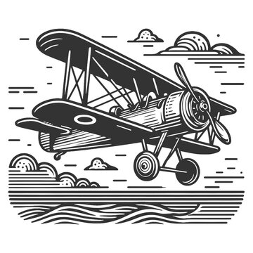 recommend clip art: biplane vintage plane, reminiscent of early aviation history sketch engraving generative ai raster illustration. Scratch board imitation. Black and white image.