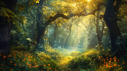 Magical light warms mystic atmosphere in timeless  - obrazy, fototapety, plakaty