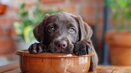 Chocolate Labrador Retriever puppy with one paw over the edge of a large ceramic dog bowl looking at the camera after eating