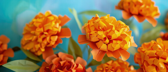 A close-up tutorial on crafting vibrant paper marigolds, a traditional Mexican flower, perfect for stringing together into festive garlands - obrazy, fototapety, plakaty