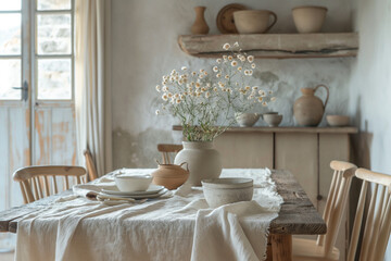 Charming Italian Villa Dining Room in Pastel Tones, with Handcrafted Woodwork and Evening Light, Featuring Linen and Pottery for a Rustic Yet Refined Look