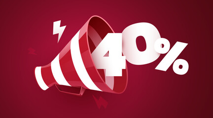 40 percent off. Sale banner with 3D megaphone.