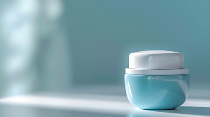 Close-Up image of therapeutic soothing cream in a compact tub against soft blue backdrop - obrazy, fototapety, plakaty
